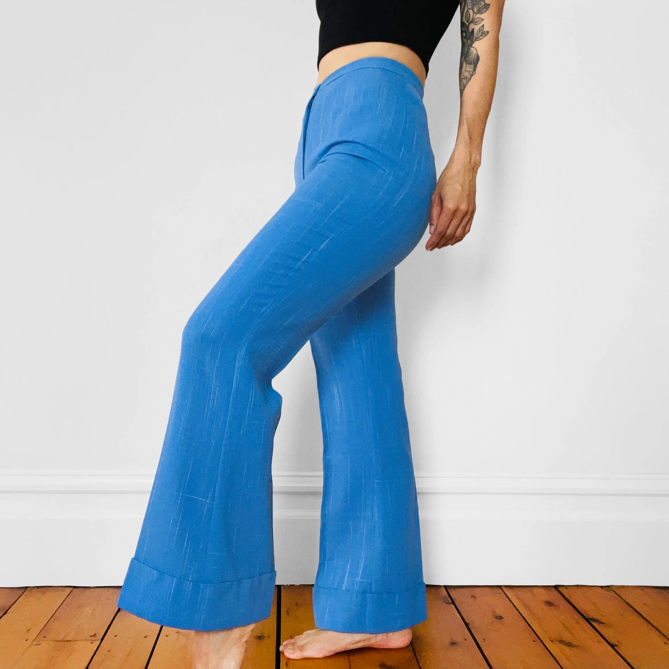 1970s Sky-Blue Speckled High-Waisted Slim-Fit Bell-Bottom Trousers Pants