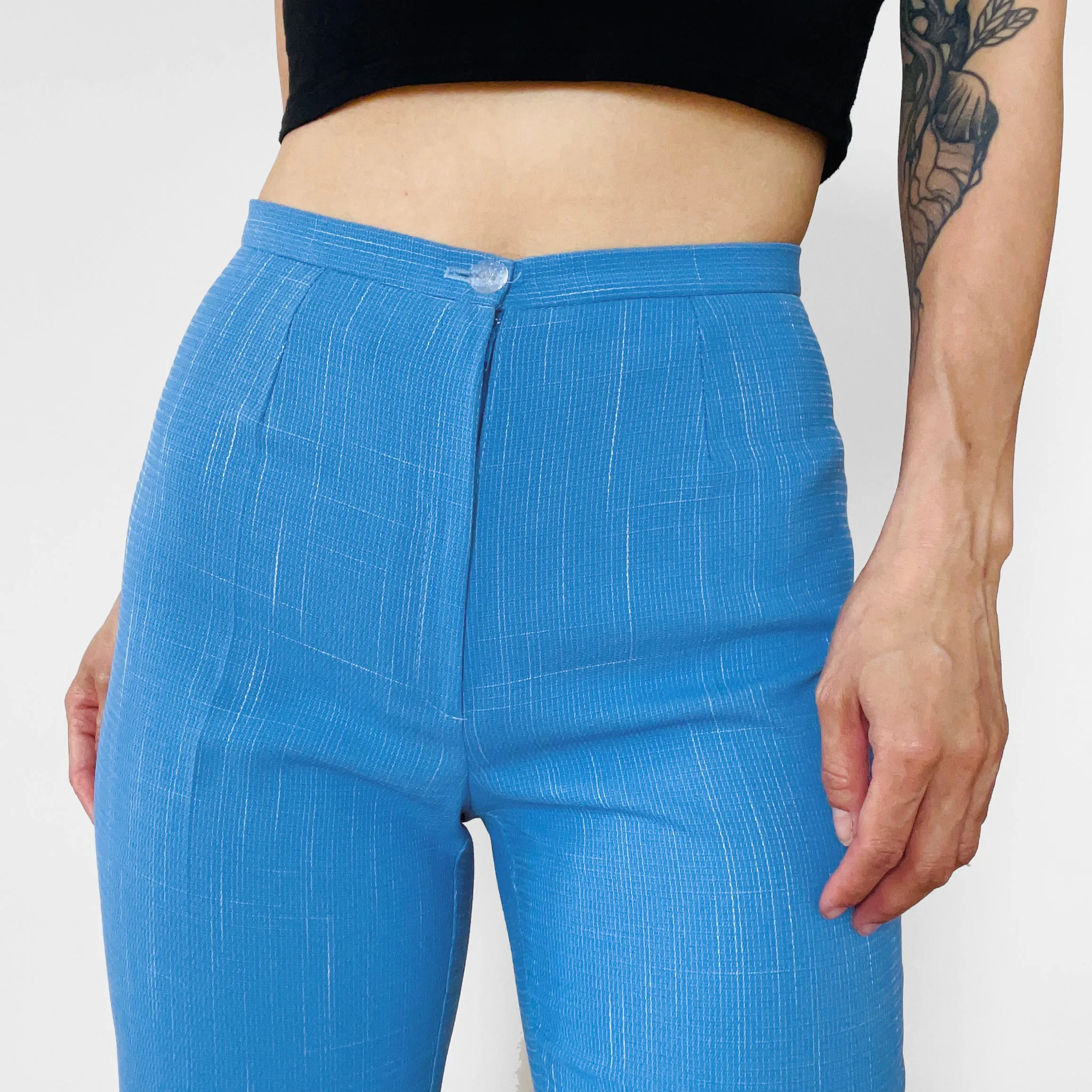 1970s Sky-Blue Speckled High-Waisted Slim-Fit Bell-Bottom Trousers Pants