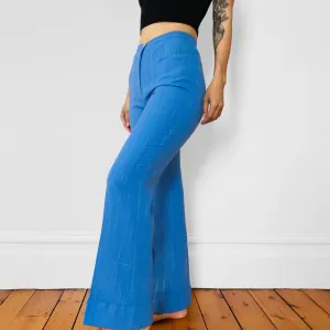 1970s Sky-Blue Speckled High-Waisted Slim-Fit Bell-Bottom Trousers Pants
