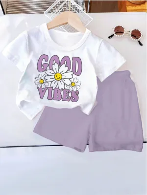2pcs Young Girl Fashionable And Cute Face, Flowers & Letter Print Comfortable Round Neck Short Sleeve T-Shirt And Shorts Set, Summer Vacation