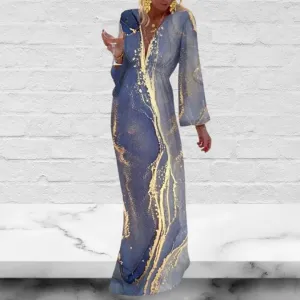 A-line Landscape Print Boho V Neck Long Sleeve Loose Dress
