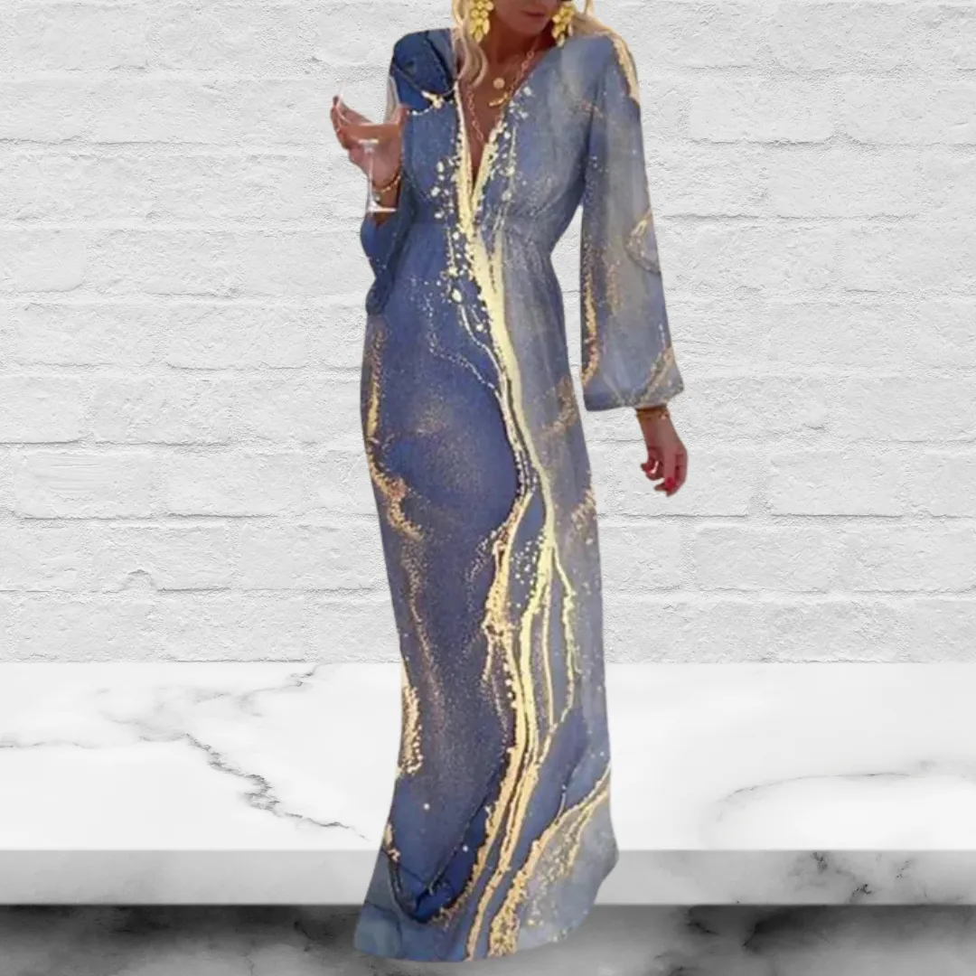 A-line Landscape Print Boho V Neck Long Sleeve Loose Dress