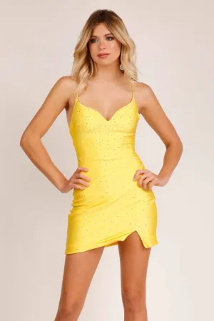 Abby Paris 94120 Cocktail Dress Size 0, 6 Yellow Cocktail Dress Short Fitted Embellished Homecoming Dress
