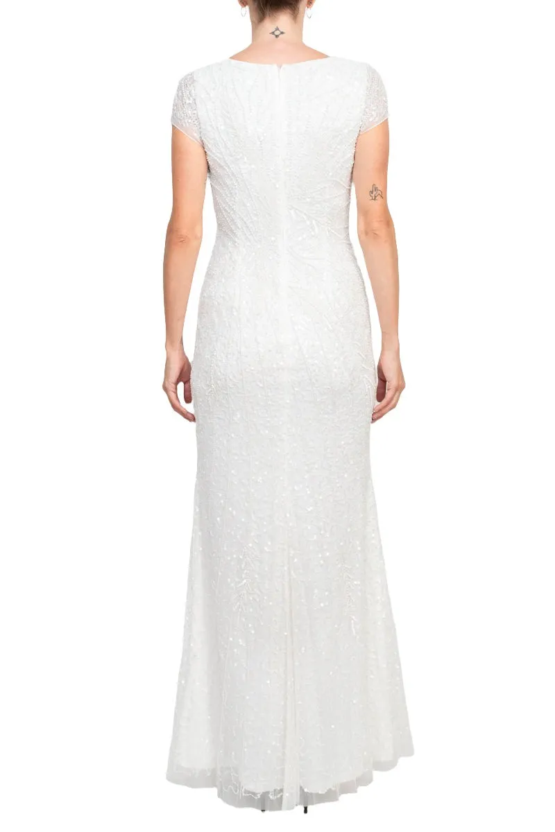 Adrianna Papell Sequin Beaded Short Sleeve V-Neck Mermaid Gown