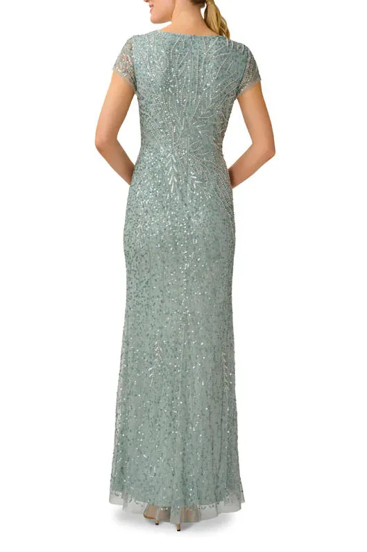 Adrianna Papell Sequin Beaded Short Sleeve V-Neck Mermaid Gown