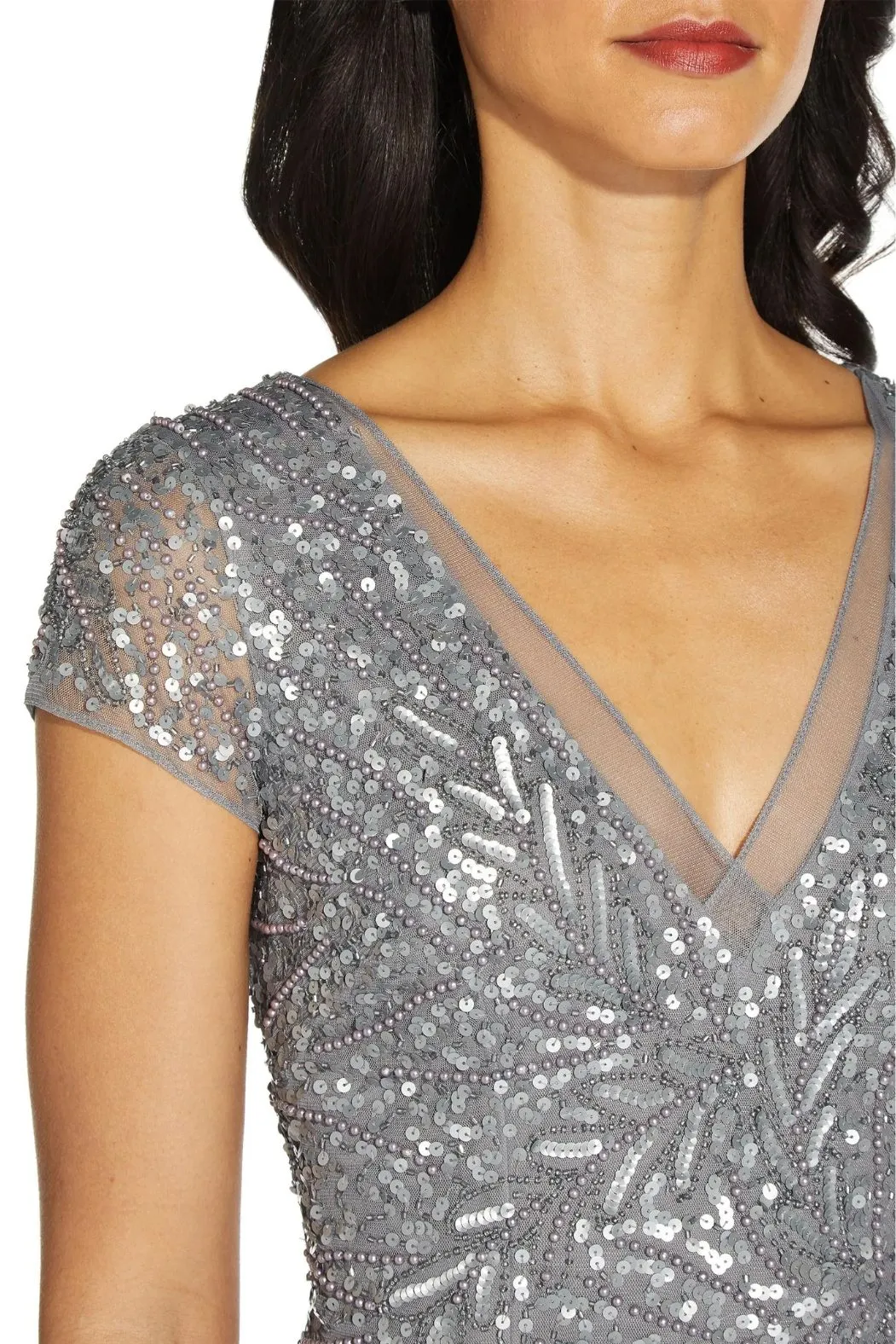 Adrianna Papell Sequin Beaded Short Sleeve V-Neck Mermaid Gown