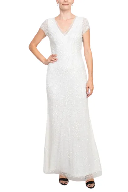 Adrianna Papell Sequin Beaded Short Sleeve V-Neck Mermaid Gown