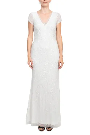 Adrianna Papell Sequin Beaded Short Sleeve V-Neck Mermaid Gown