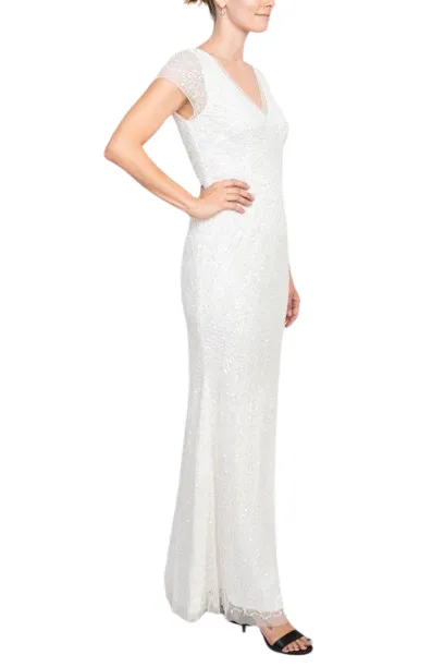 Adrianna Papell Sequin Beaded Short Sleeve V-Neck Mermaid Gown