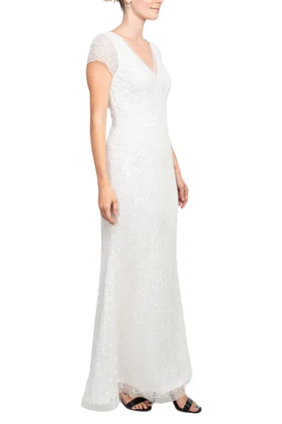 Adrianna Papell Sequin Beaded Short Sleeve V-Neck Mermaid Gown