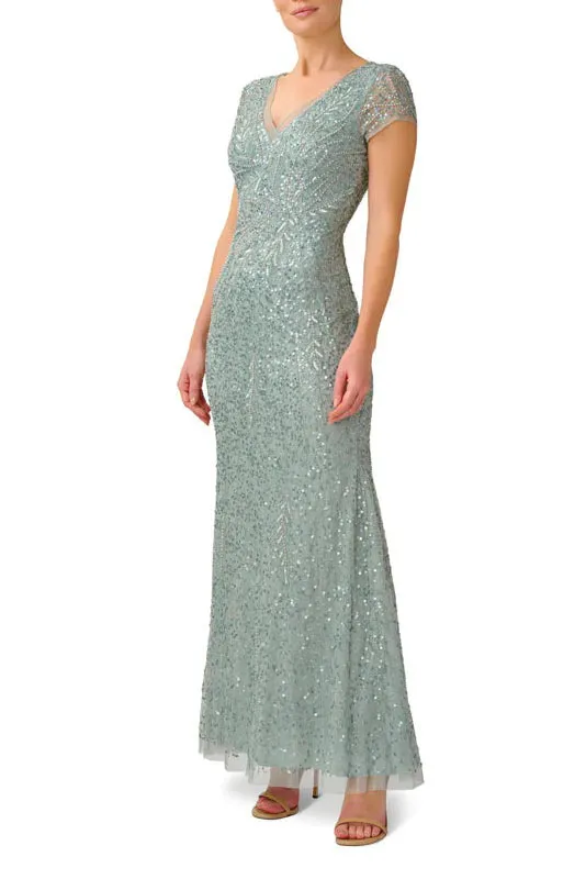 Adrianna Papell Sequin Beaded Short Sleeve V-Neck Mermaid Gown
