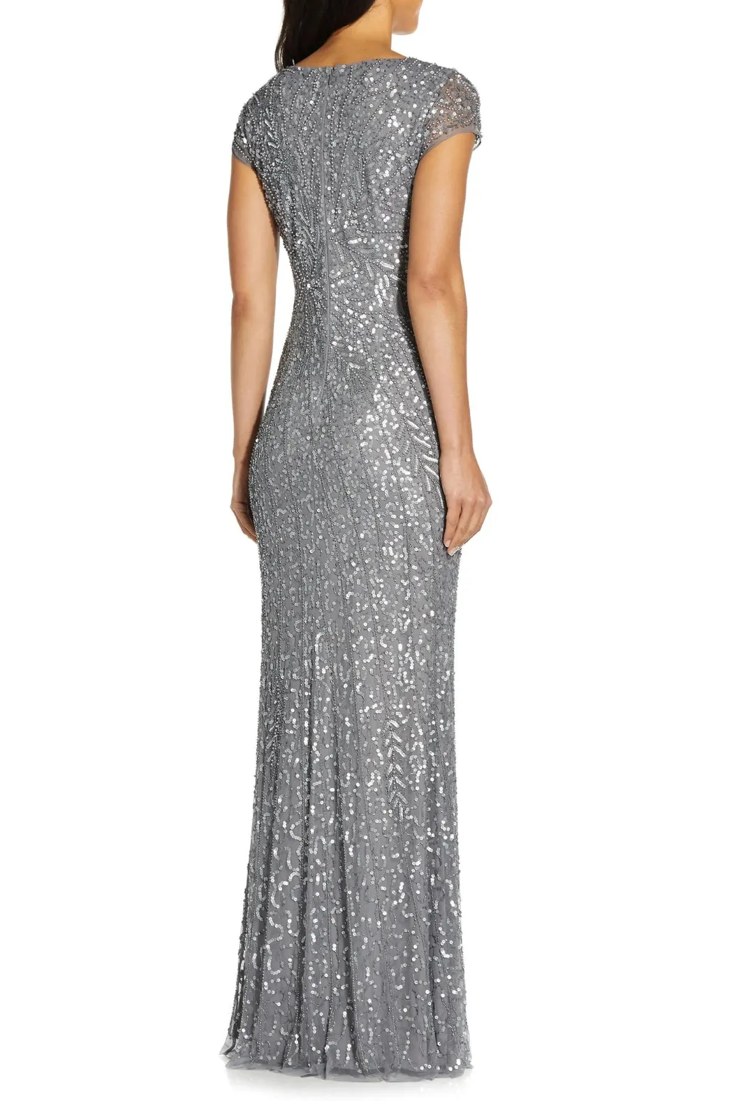 Adrianna Papell Sequin Beaded Short Sleeve V-Neck Mermaid Gown