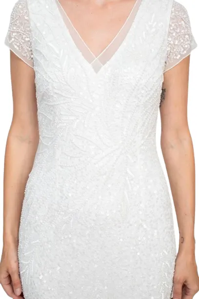 Adrianna Papell Sequin Beaded Short Sleeve V-Neck Mermaid Gown