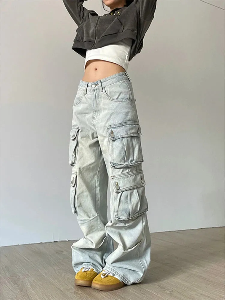 Aiertu Women Blue Jeans Hip Hop Streetwear High Waist American Wide Leg Pants Fashion Y2K Style Female Winter Straight Trousers