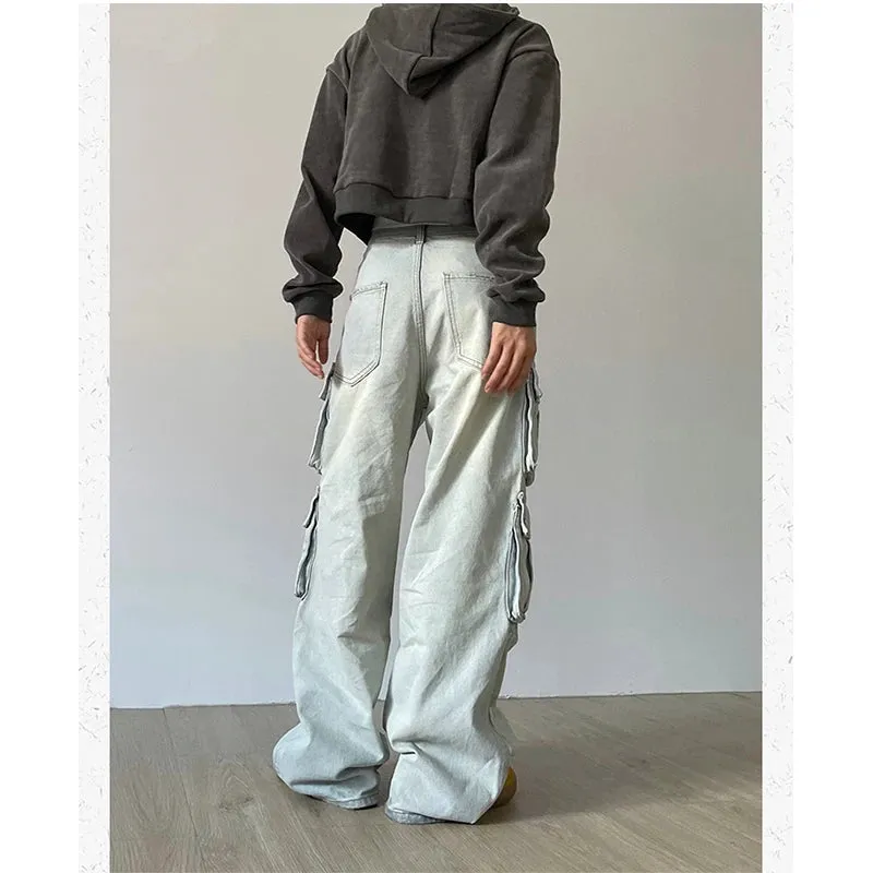 Aiertu Women Blue Jeans Hip Hop Streetwear High Waist American Wide Leg Pants Fashion Y2K Style Female Winter Straight Trousers