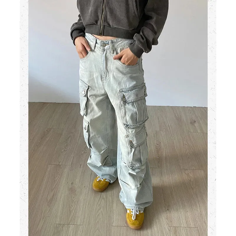 Aiertu Women Blue Jeans Hip Hop Streetwear High Waist American Wide Leg Pants Fashion Y2K Style Female Winter Straight Trousers