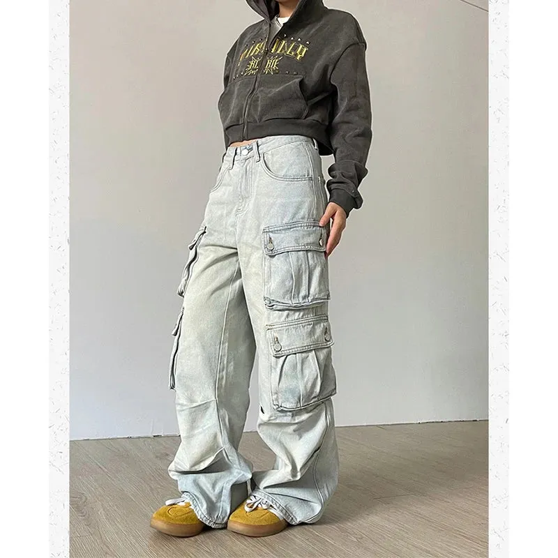 Aiertu Women Blue Jeans Hip Hop Streetwear High Waist American Wide Leg Pants Fashion Y2K Style Female Winter Straight Trousers