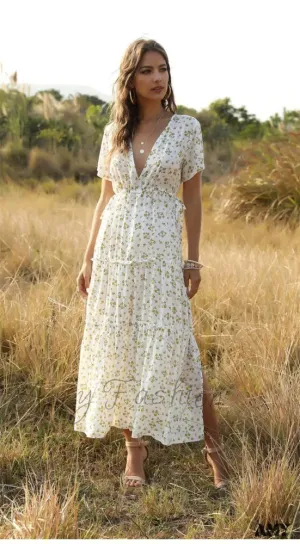 Amy Fashion - Floral Printed Boho Style Deep V-neck Dress