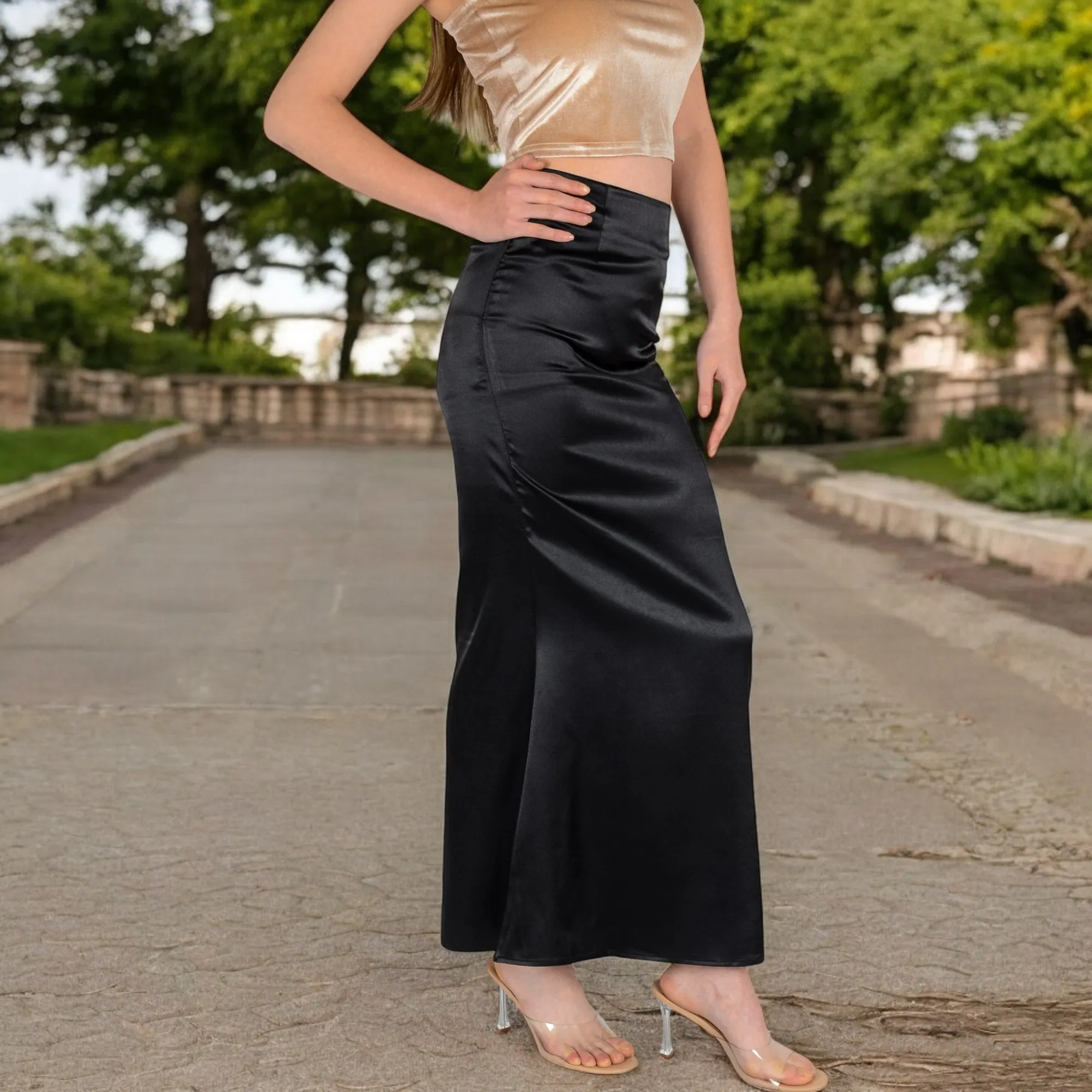 Anna-Kaci Women's High-Waisted Satin Maxi Skirt