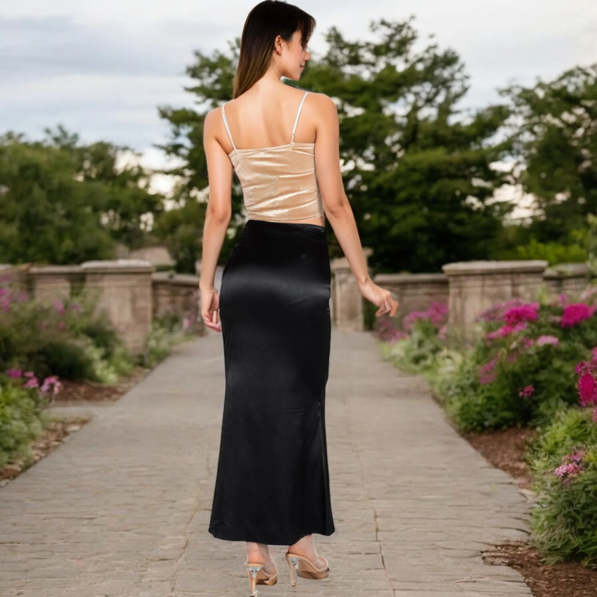 Anna-Kaci Women's High-Waisted Satin Maxi Skirt
