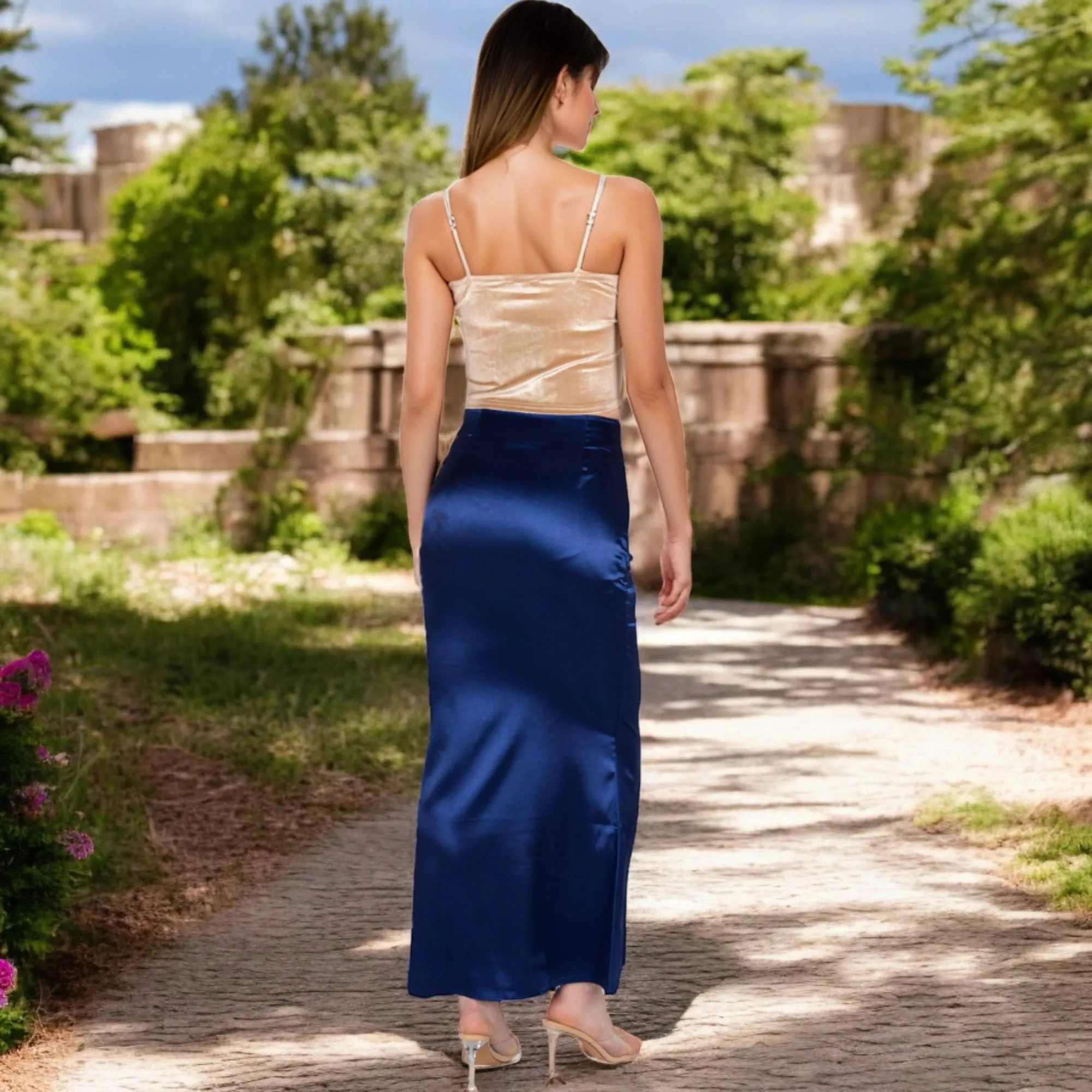 Anna-Kaci Women's High-Waisted Satin Maxi Skirt
