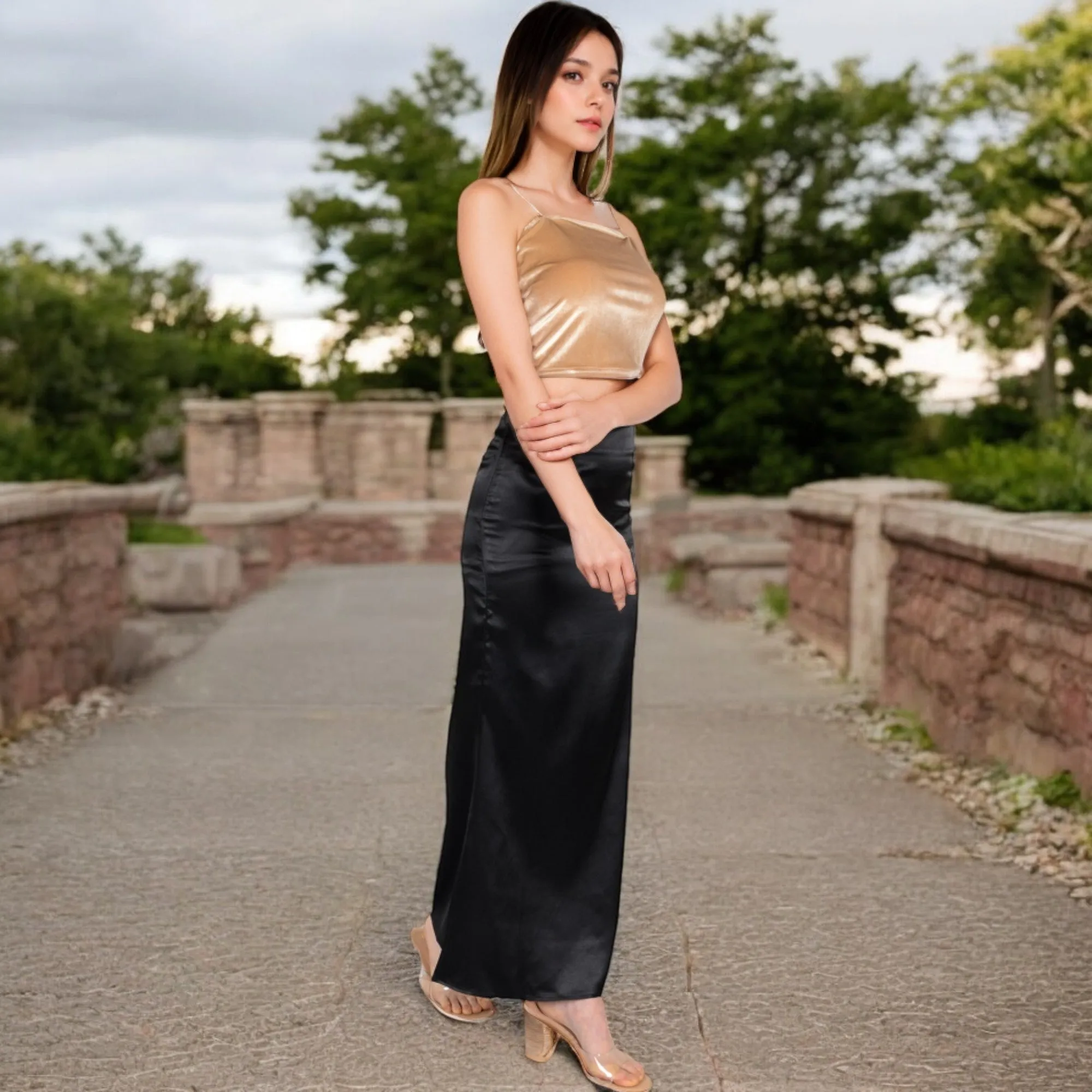 Anna-Kaci Women's High-Waisted Satin Maxi Skirt
