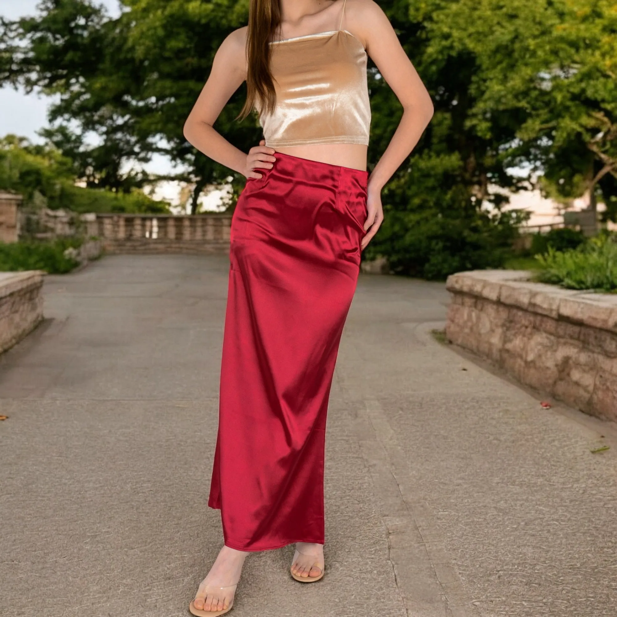 Anna-Kaci Women's High-Waisted Satin Maxi Skirt