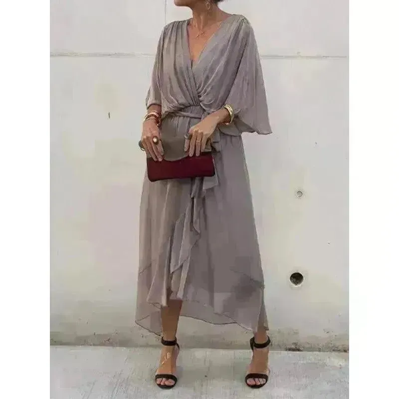 Batwing Sleeve V-neck Dress Summer Pure Color Tied Irregular Wrap Midi Dresses for Women