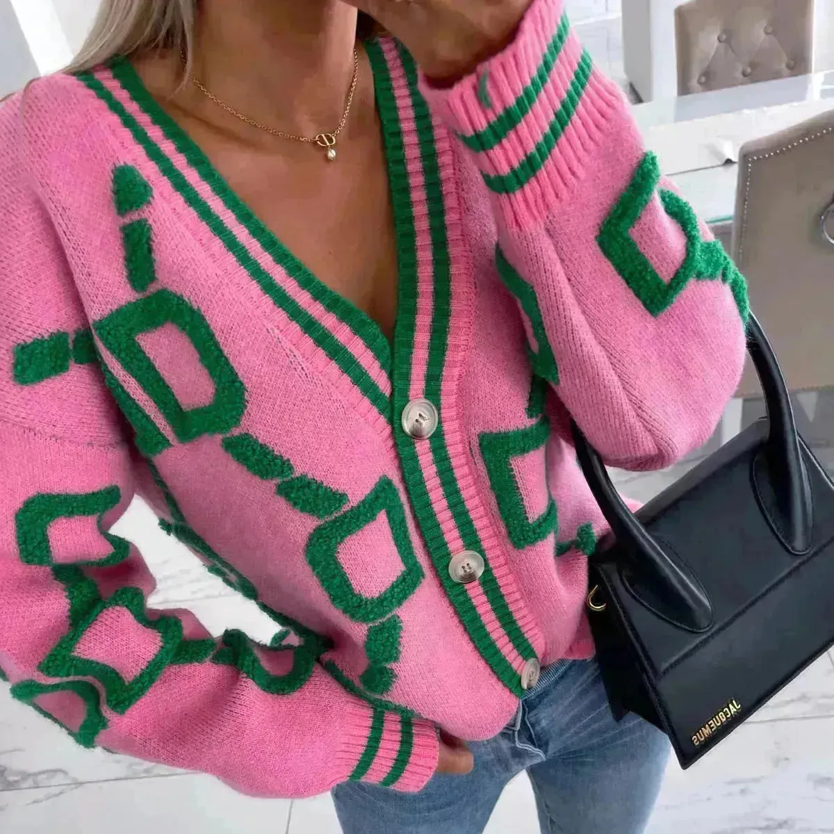 Batwing Sleeves V-neck Knitted Button Jacket Cashmere Cardigan Sweater Women