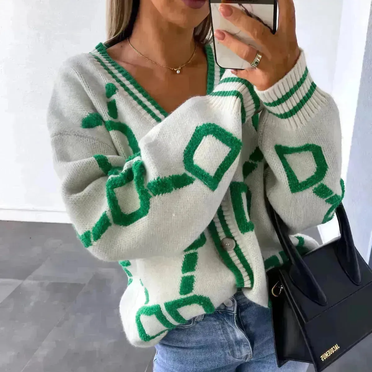 Batwing Sleeves V-neck Knitted Button Jacket Cashmere Cardigan Sweater Women