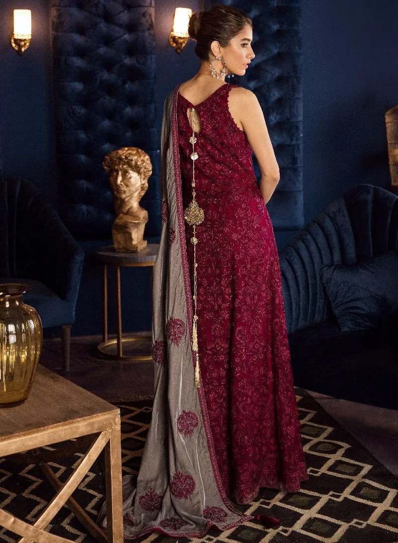 Beautiful Pakistani chiffon embroidered dress in magenta color # P2463