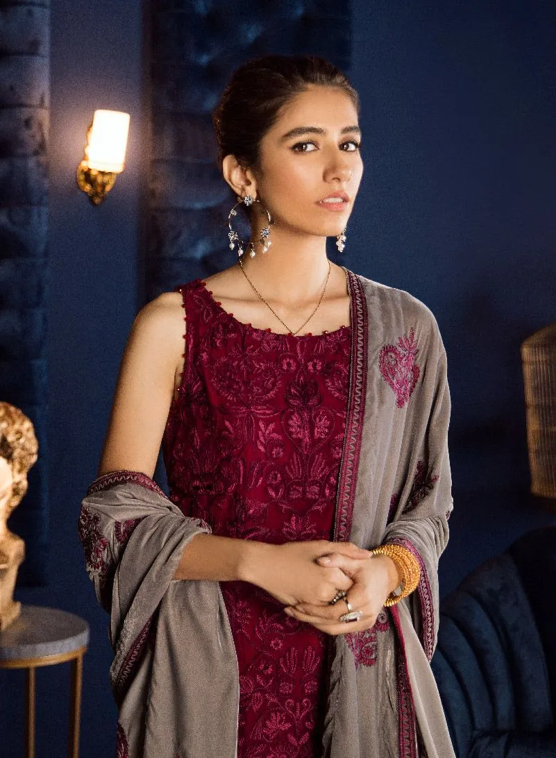 Beautiful Pakistani chiffon embroidered dress in magenta color # P2463