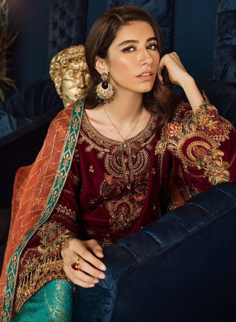 Beautiful Pakistani velvet embroidered party dress in maroon color # P2462