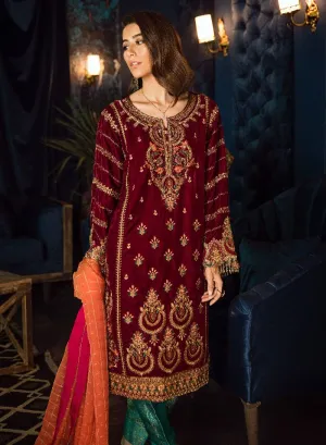 Beautiful Pakistani velvet embroidered party dress in maroon color # P2462