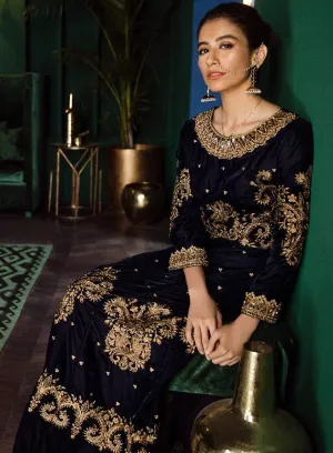 Beautiful Pakistani velvet embroidered party outfit in navy blue color # P2464