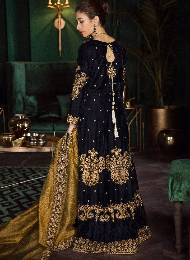 Beautiful Pakistani velvet embroidered party outfit in navy blue color # P2464