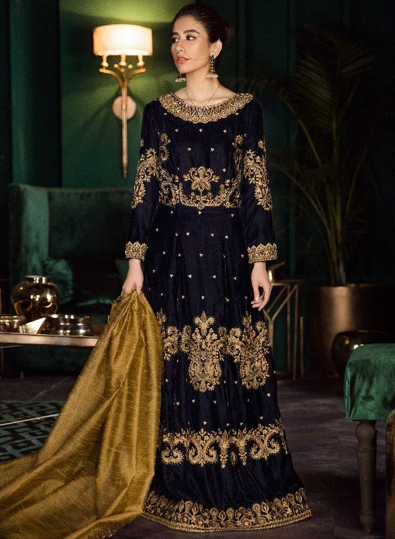 Beautiful Pakistani velvet embroidered party outfit in navy blue color # P2464