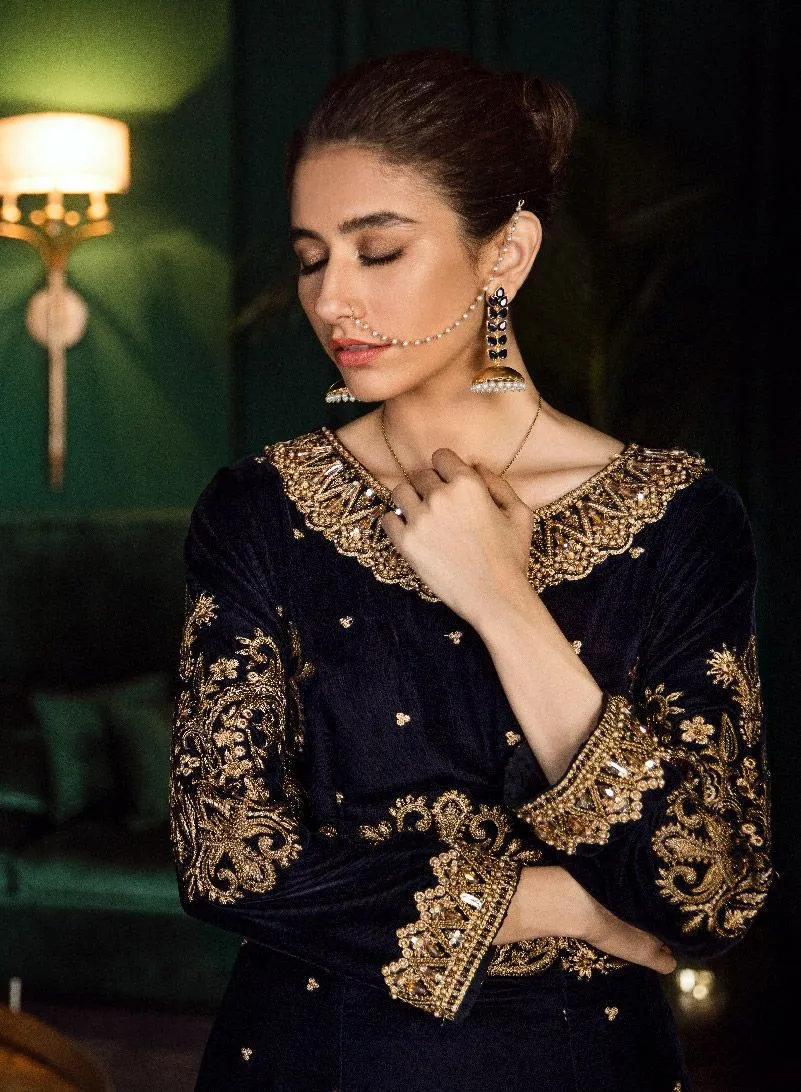 Beautiful Pakistani velvet embroidered party outfit in navy blue color # P2464