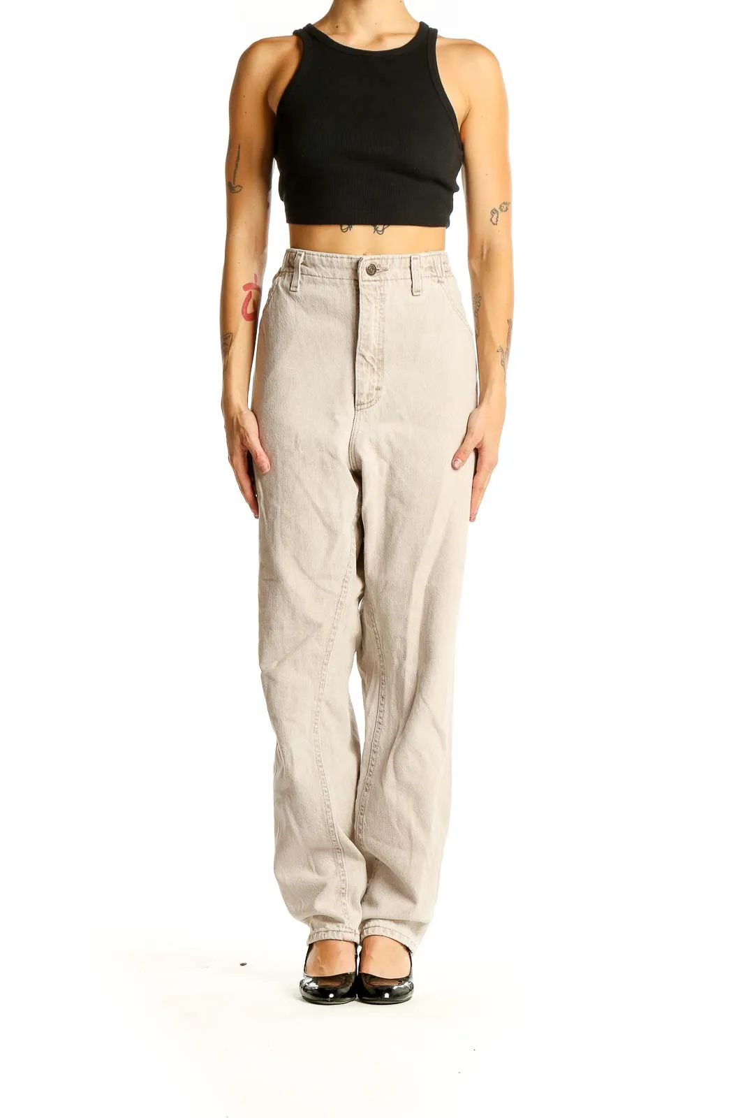 Beige High-Waisted Wide-Leg Denim Jeans