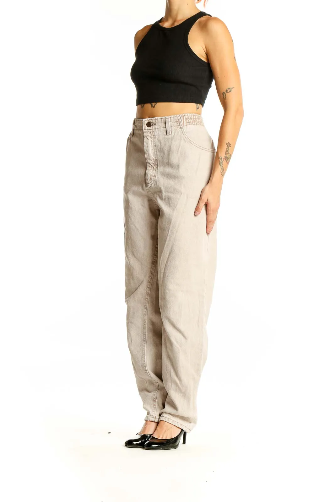 Beige High-Waisted Wide-Leg Denim Jeans