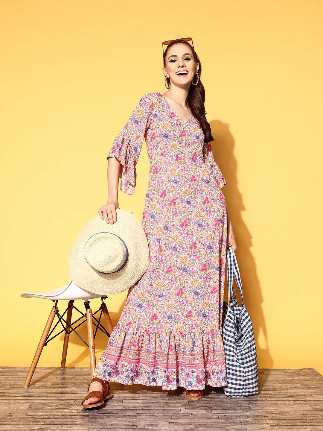 Berrylush Women Pink & Lavender Floral Printed V-Neck Three-Quarter Sleeve Crepe Ruffled Maxi Dress