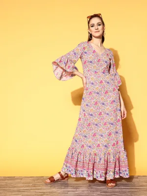 Berrylush Women Pink & Lavender Floral Printed V-Neck Three-Quarter Sleeve Crepe Ruffled Maxi Dress