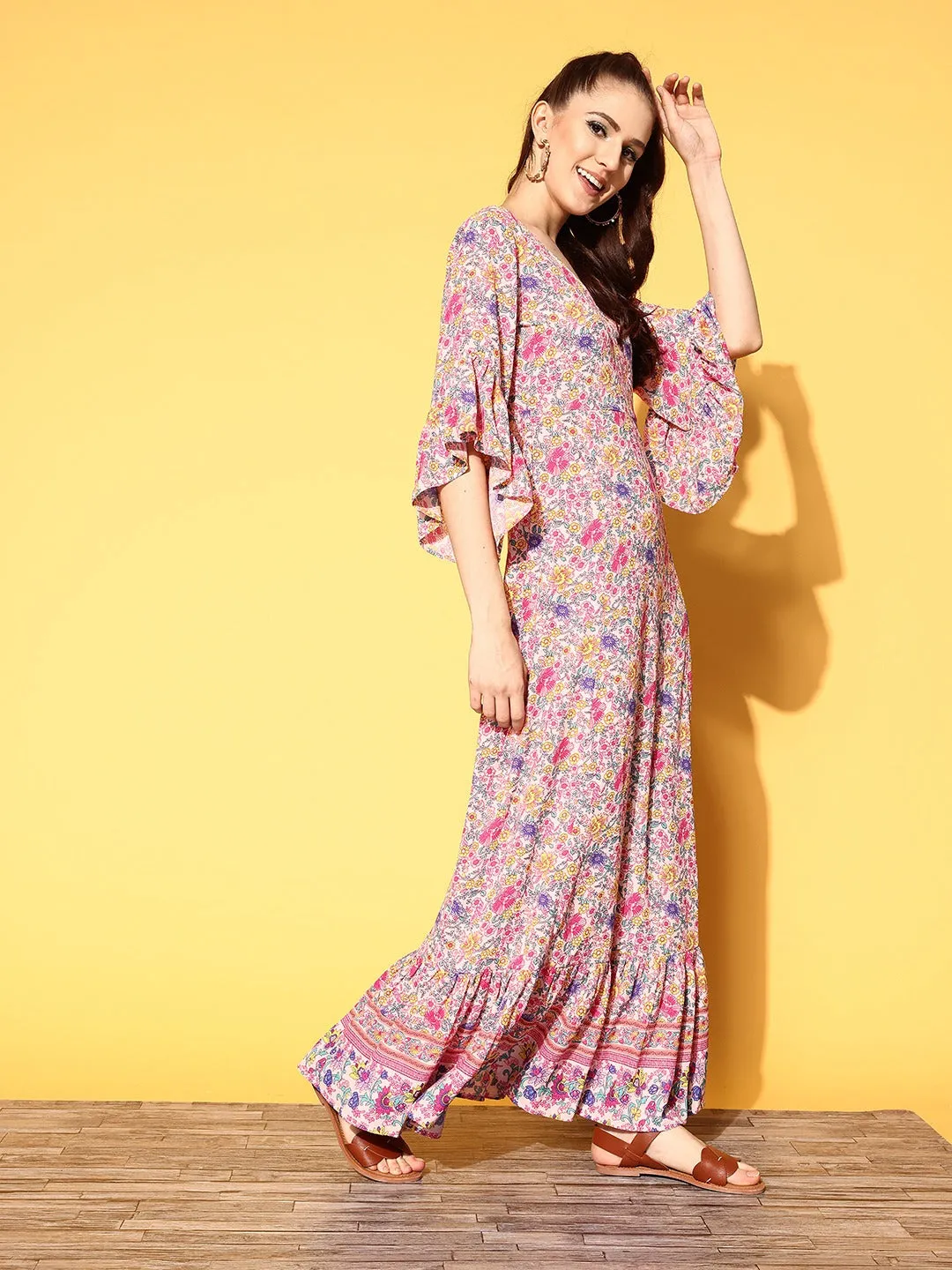 Berrylush Women Pink & Lavender Floral Printed V-Neck Three-Quarter Sleeve Crepe Ruffled Maxi Dress