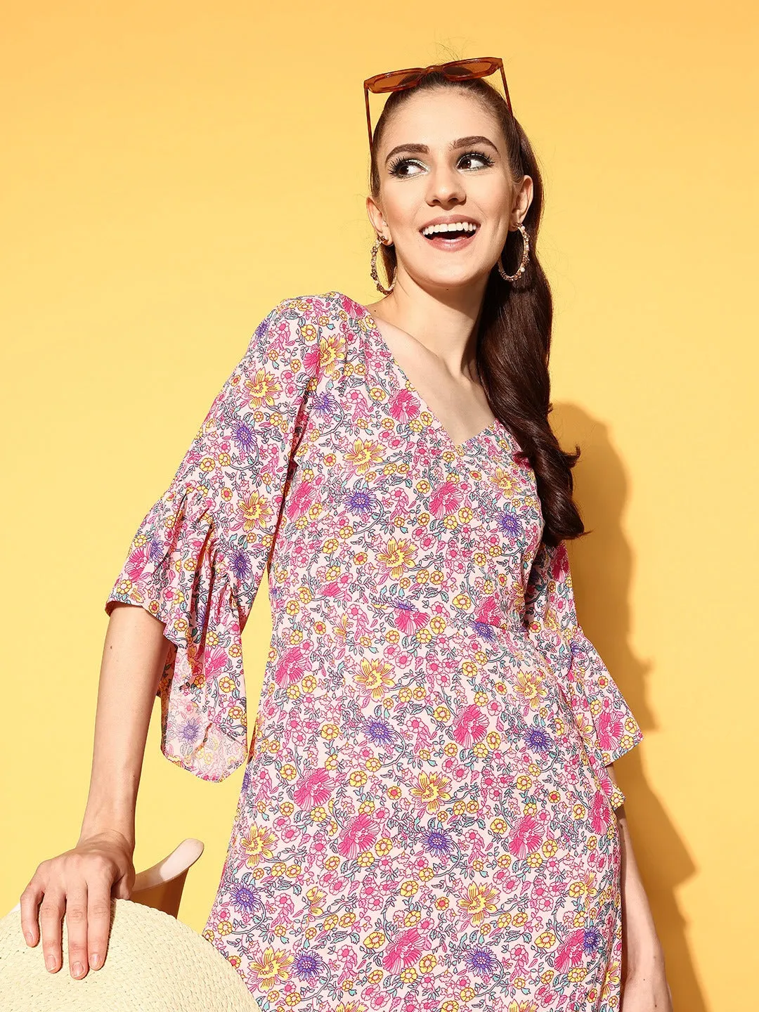 Berrylush Women Pink & Lavender Floral Printed V-Neck Three-Quarter Sleeve Crepe Ruffled Maxi Dress