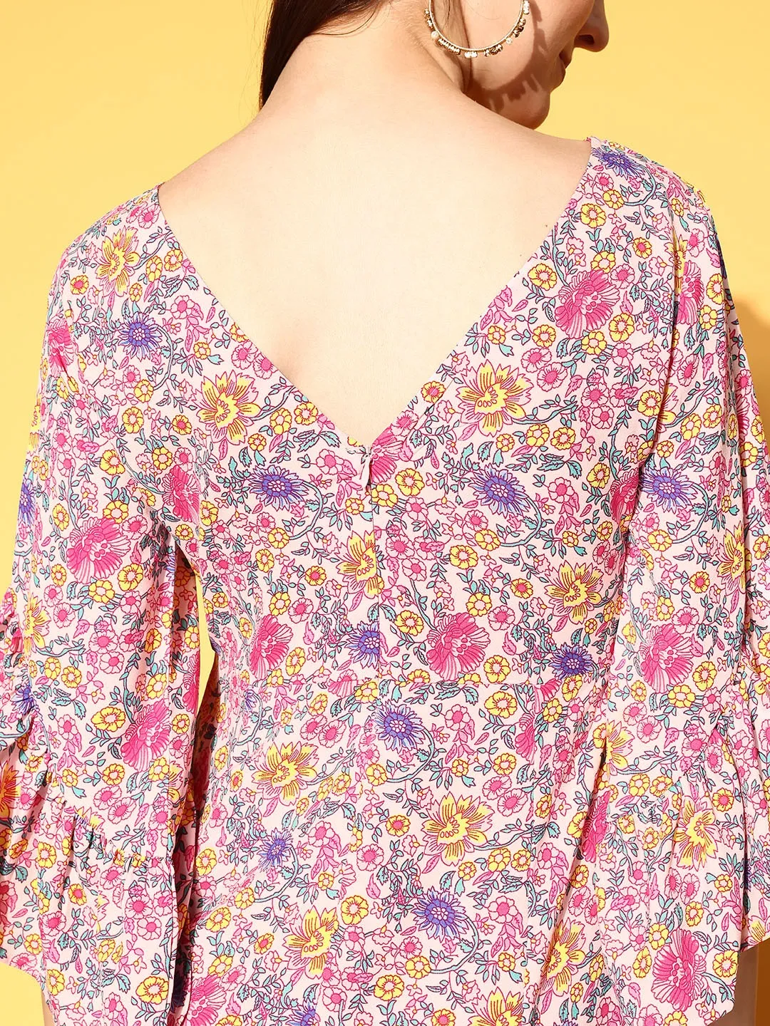 Berrylush Women Pink & Lavender Floral Printed V-Neck Three-Quarter Sleeve Crepe Ruffled Maxi Dress