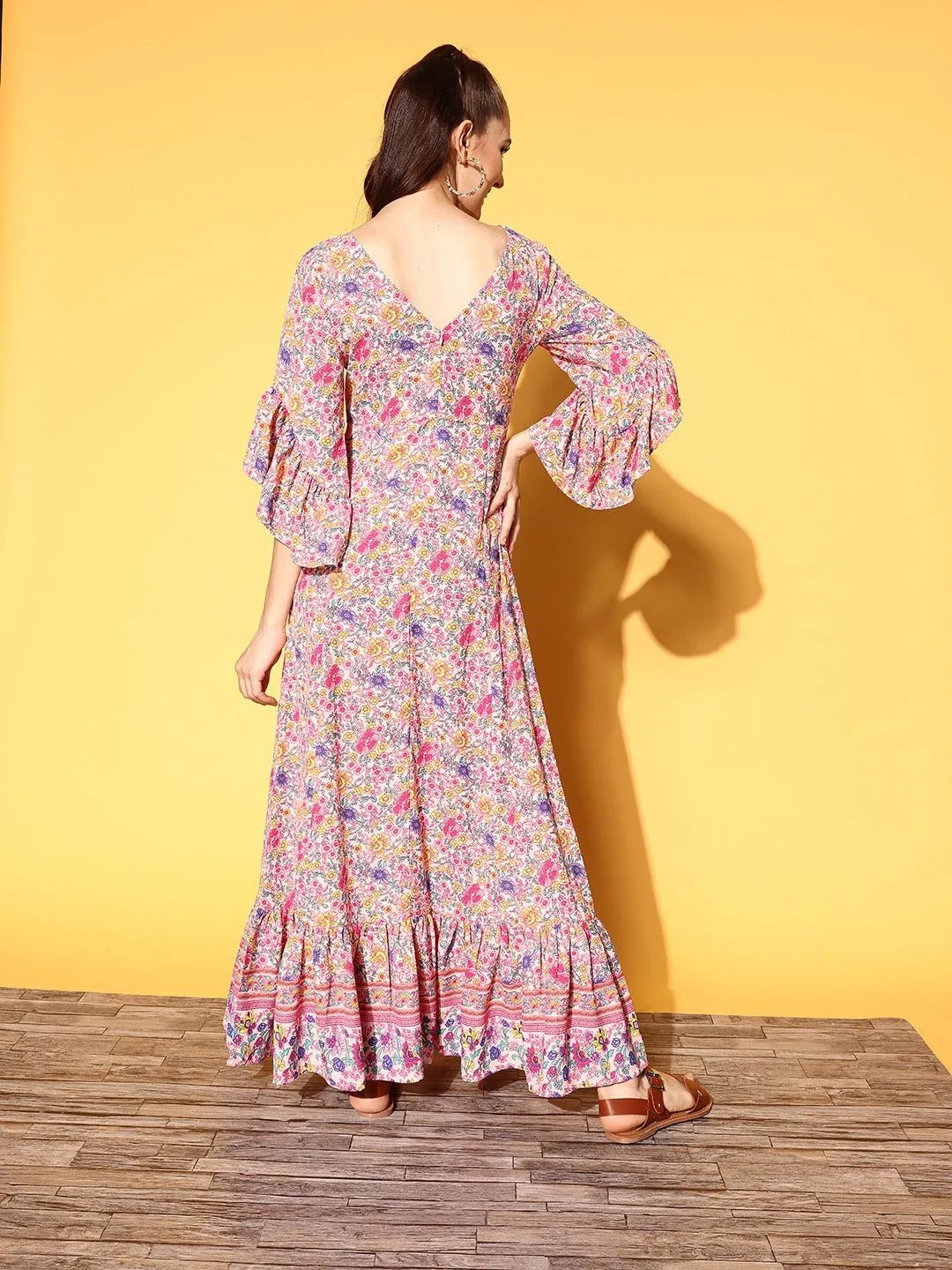 Berrylush Women Pink & Lavender Floral Printed V-Neck Three-Quarter Sleeve Crepe Ruffled Maxi Dress