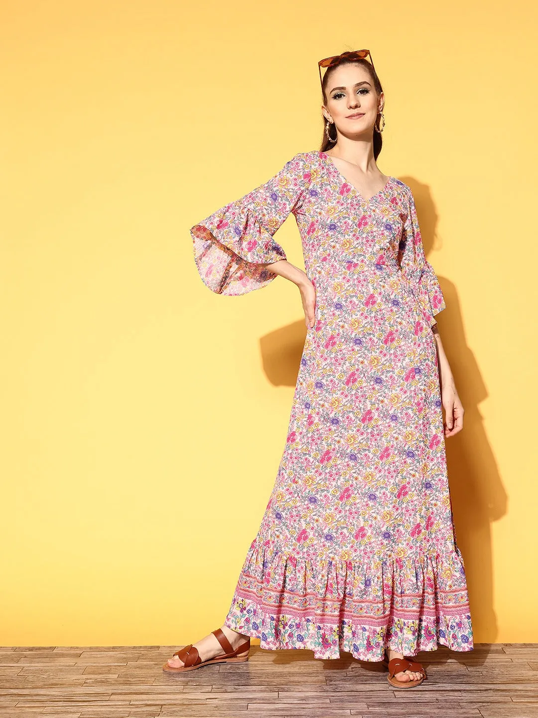 Berrylush Women Pink & Lavender Floral Printed V-Neck Three-Quarter Sleeve Crepe Ruffled Maxi Dress