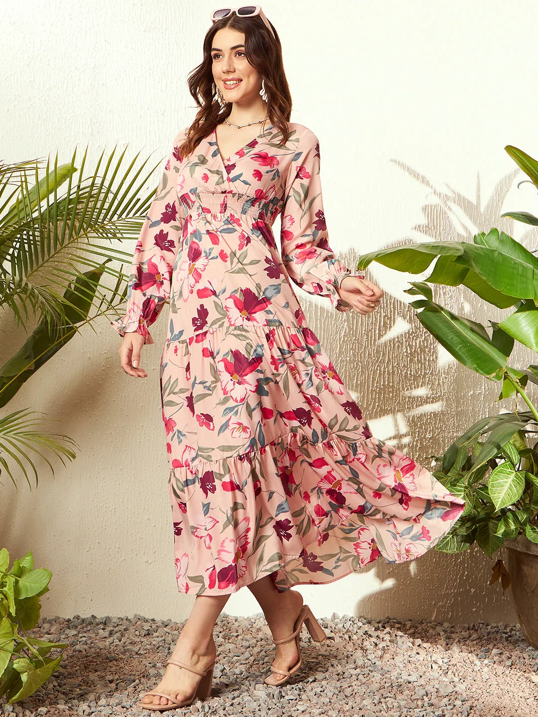 Berrylush Women Pink & Red Floral Printed V-Neck Bishop Sleeve Woven Layered Maxi Dress
