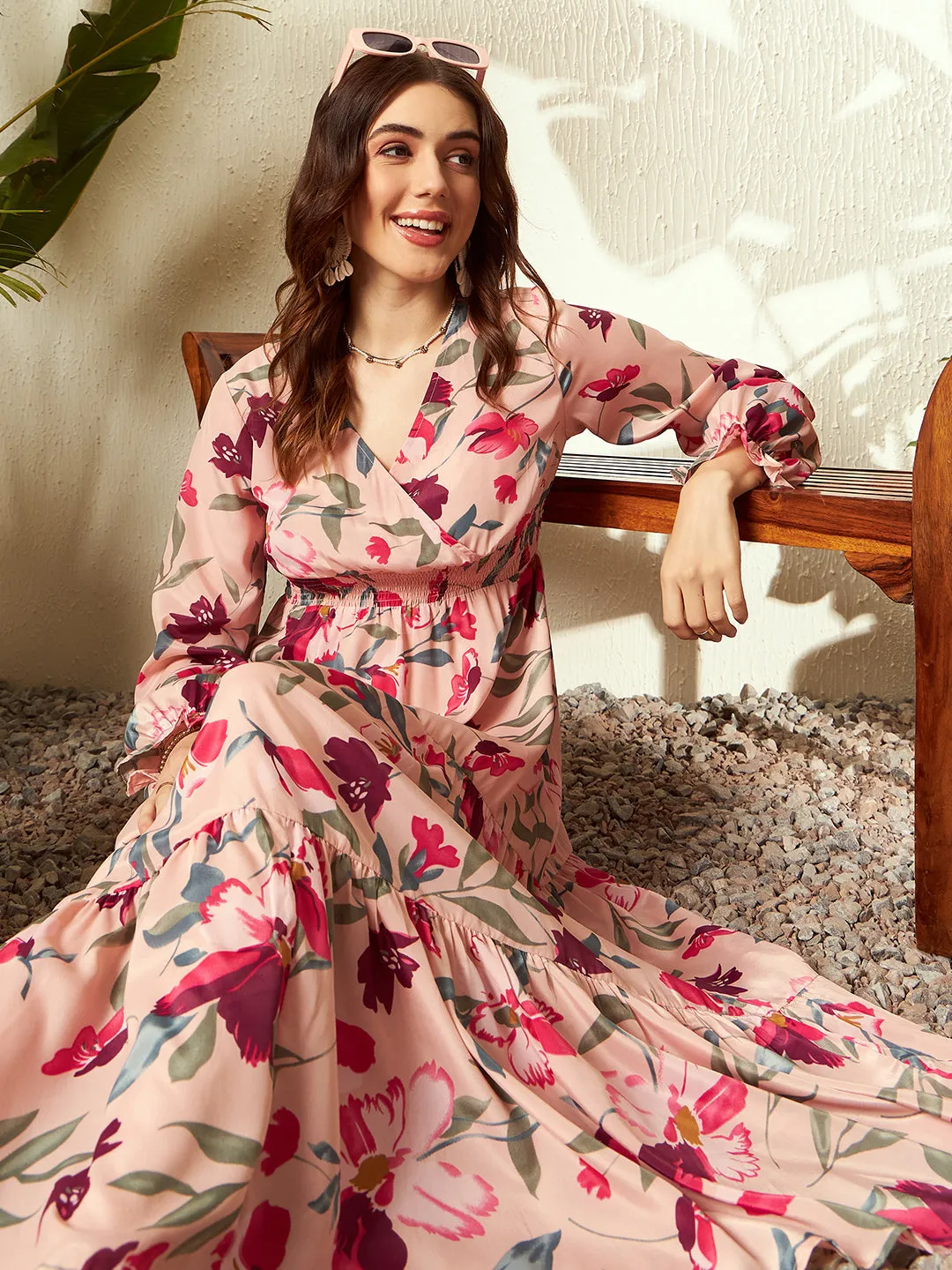 Berrylush Women Pink & Red Floral Printed V-Neck Bishop Sleeve Woven Layered Maxi Dress
