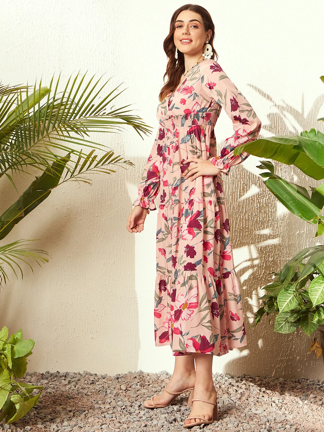Berrylush Women Pink & Red Floral Printed V-Neck Bishop Sleeve Woven Layered Maxi Dress